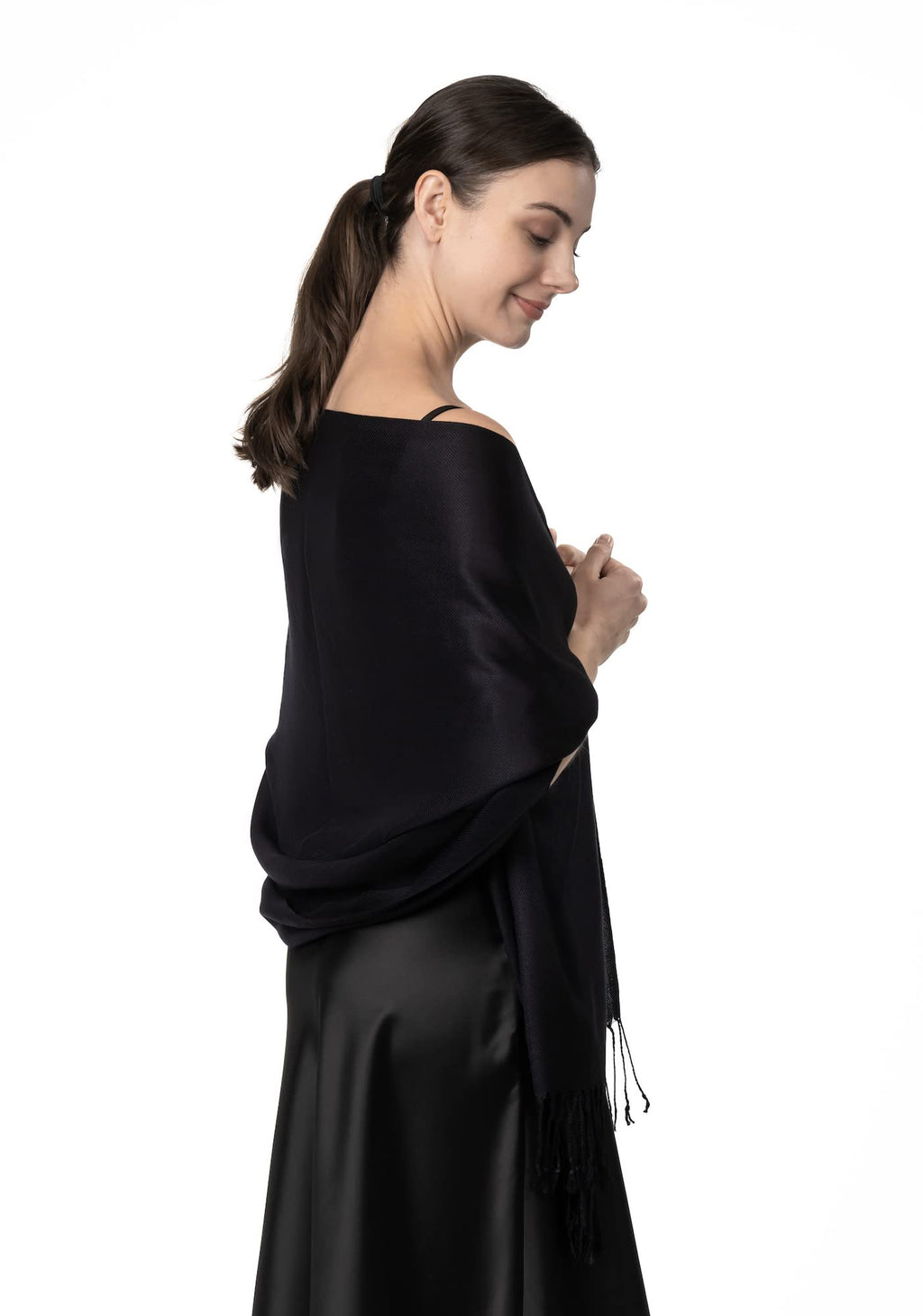 Achillea Large Soft Silky Pashmina Shawl Wrap Scarf In Solid Colors (Black)
