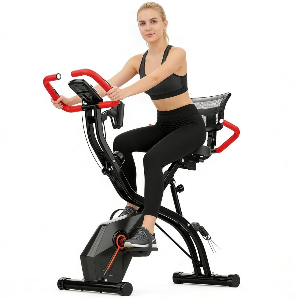 USLIM Portable Exercise Bike, Indoor Foldable Stationary Bike with Ergonomic Mesh Backrest & Wide Seat, 2 In 1 Full Body Quiet W