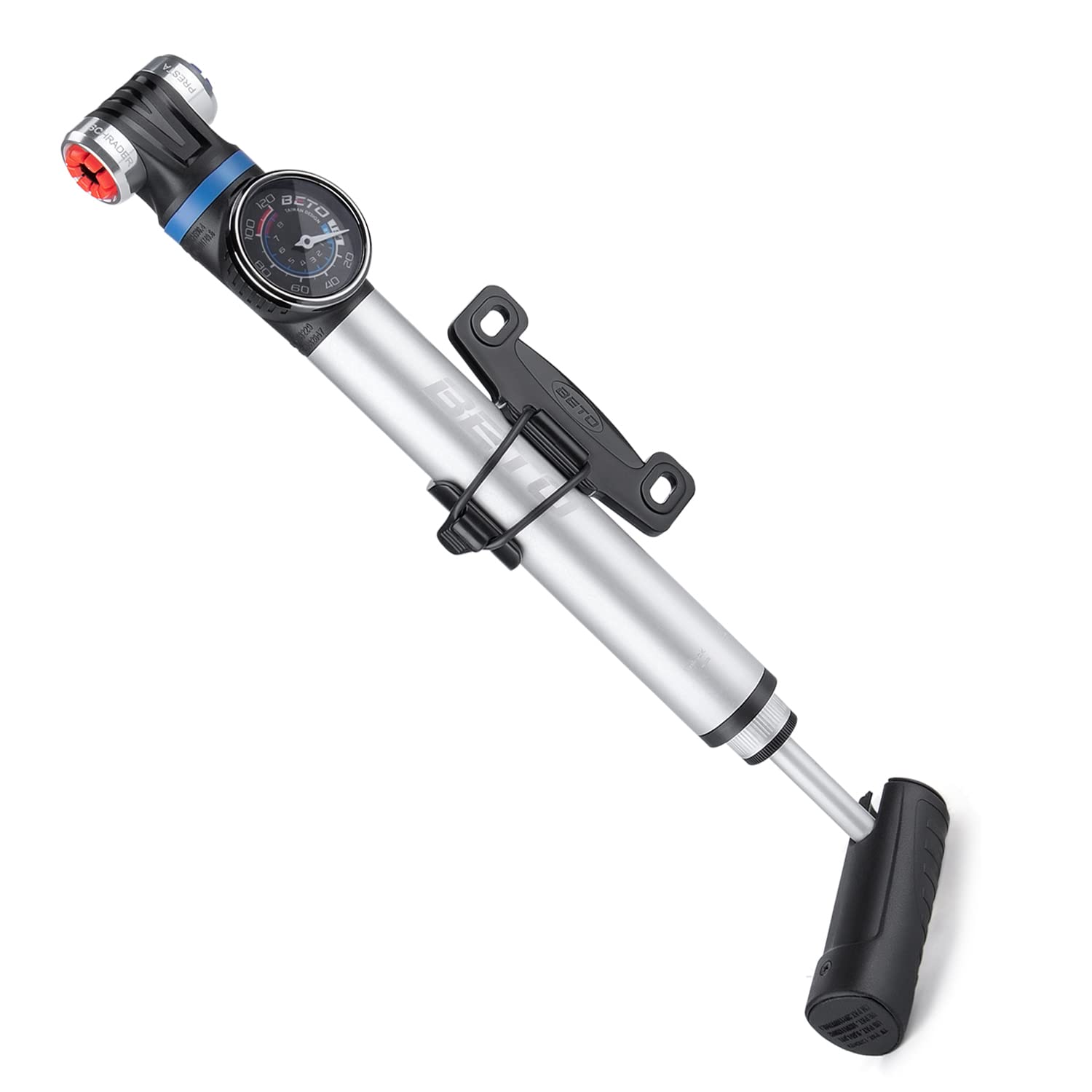 Mini Bike Pump with Gauge - Portable Frame Pump with EZ-Head Fits Schrader/Presta, Foldable T-Handle - Road Mountain MTB BMX Bik
