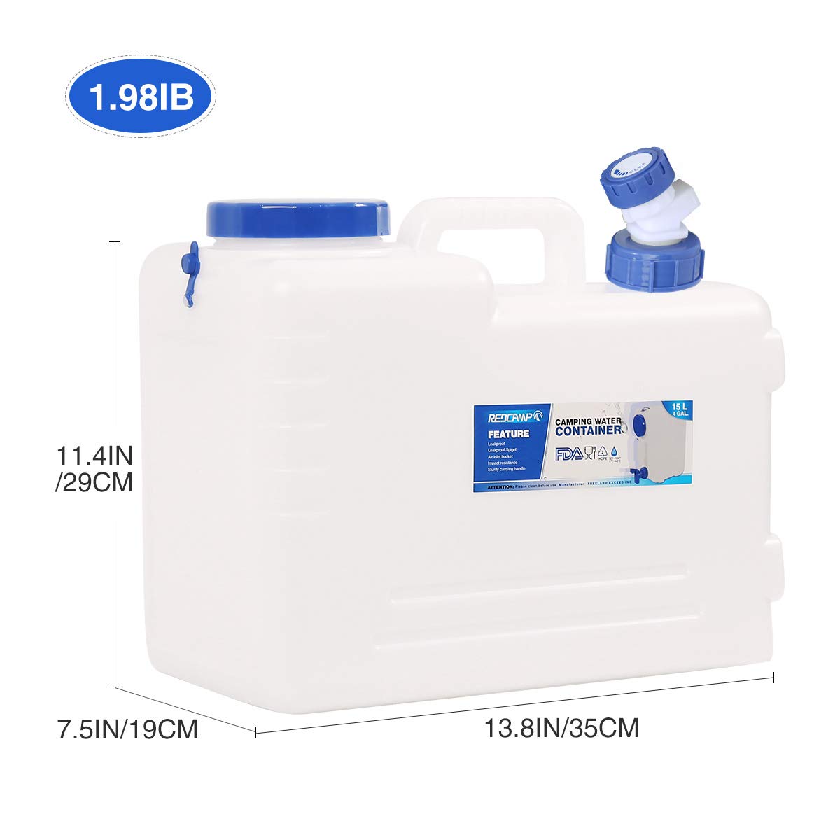 Redcamp 4 Gallon Portable Water Container With Spigot, Water Storage Camp Water Jug For Camping Outdoor Hiking 15L Update
