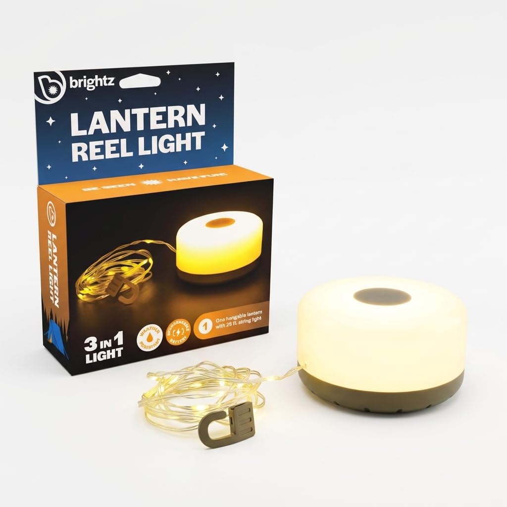 Brightz Lantern Reel Light - 3-in-1 Rechargeable Camping Lantern & Retractable String Lights, Weather Resistant - 5 Modes, 1-Hou