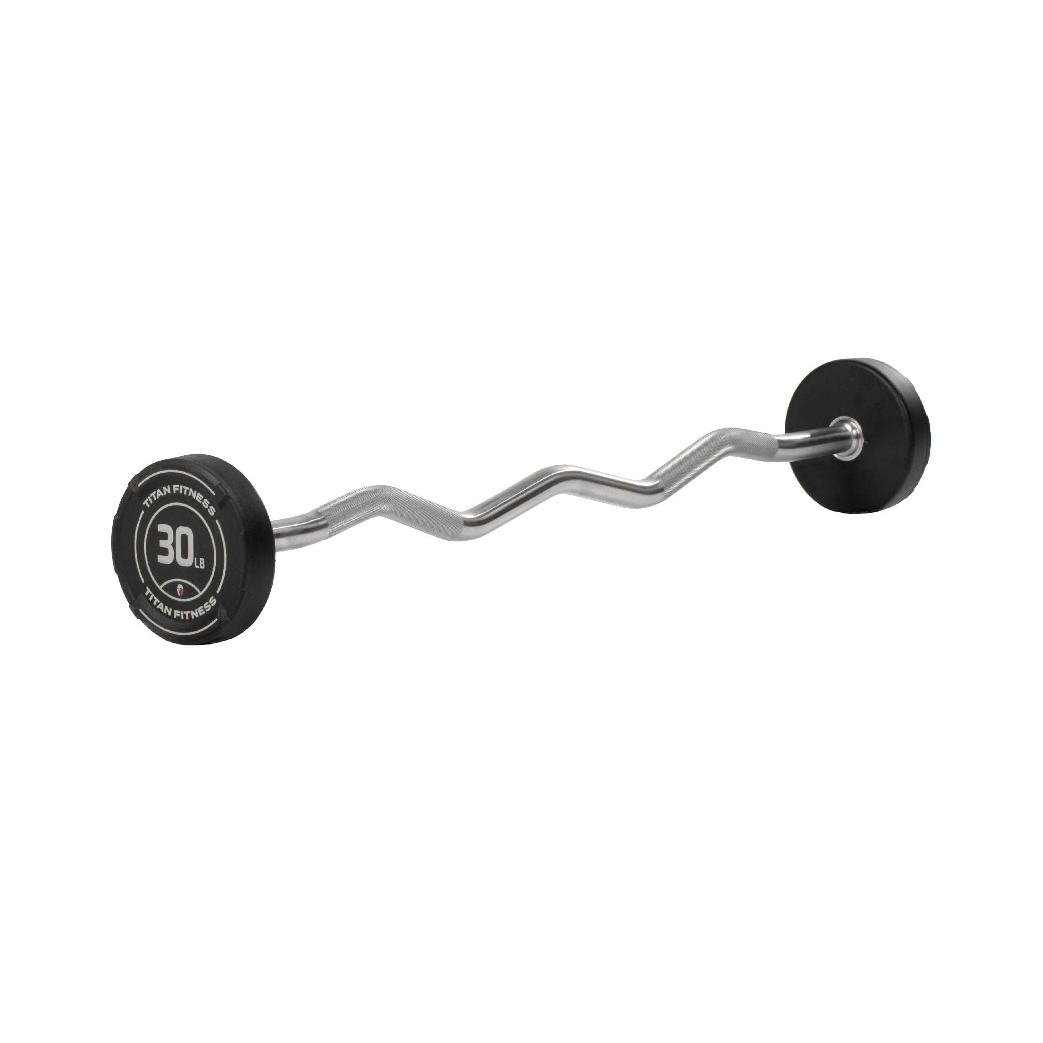 Titan Fitness 30 Lb Rubber Ez Curl Fixed Barbell, Pre-Loaded Weight Bar For Strength Training & Weightlifting