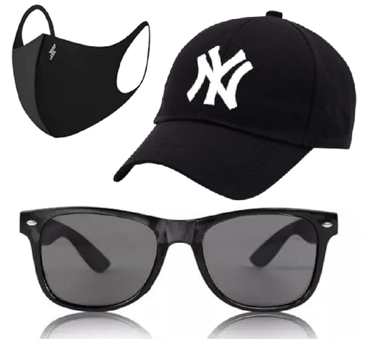 Capiteum Unisex Sports Cap, Sunglasses And Face Mask Set, Black And Red, Adjustable Cotton Baseball Cap With Accessories (In, Al