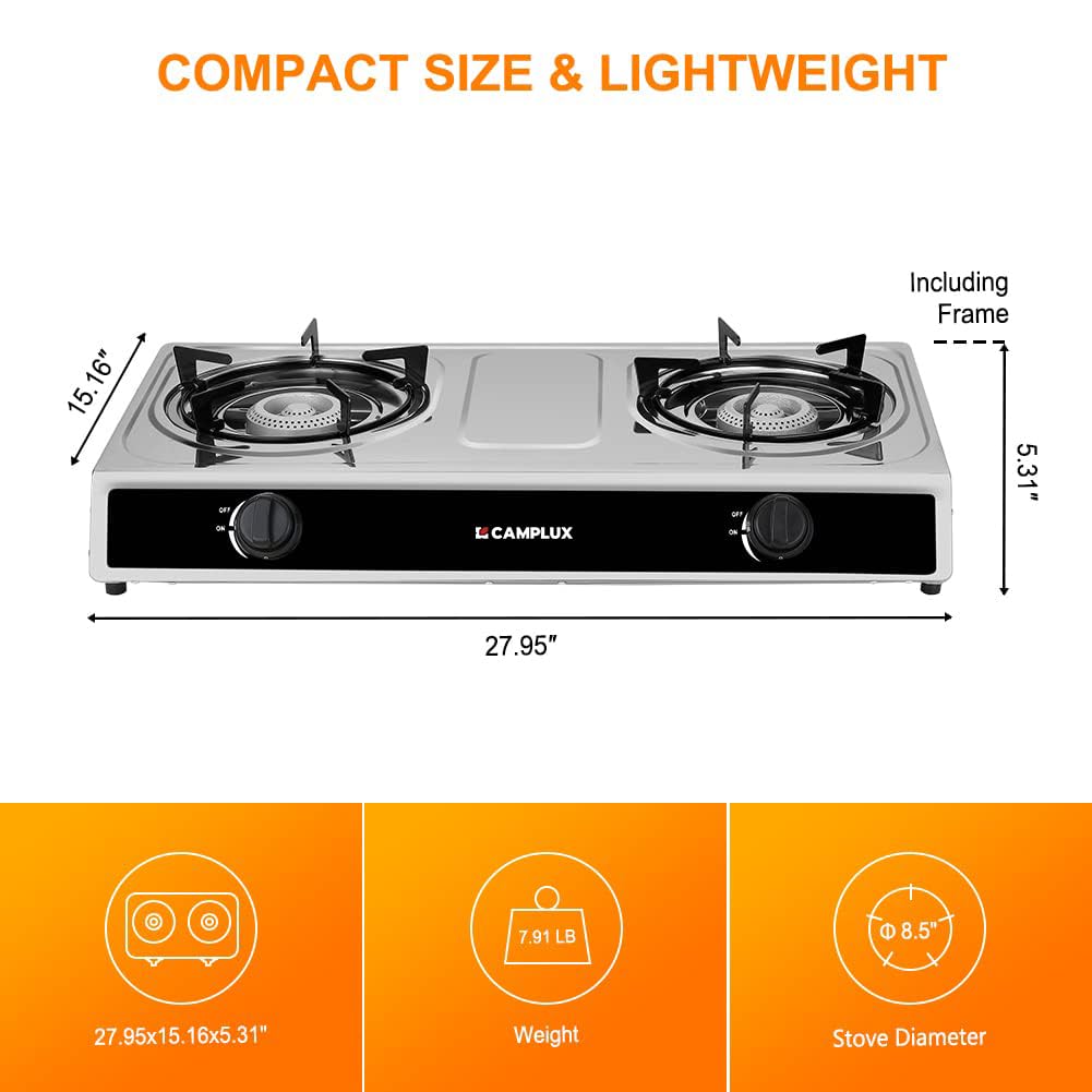 Camplux Camping Stove 2 Burners 19,600 Btu, Stainless Steel Gas Stove With Auto Ignition