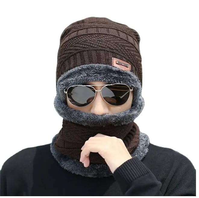 Brand Conquer Wool Beanie Cap & Muffler For Men & Women  Winter Woolen Cap With Neck Muffler  Soft Woolen Set (Brown, Free Siz