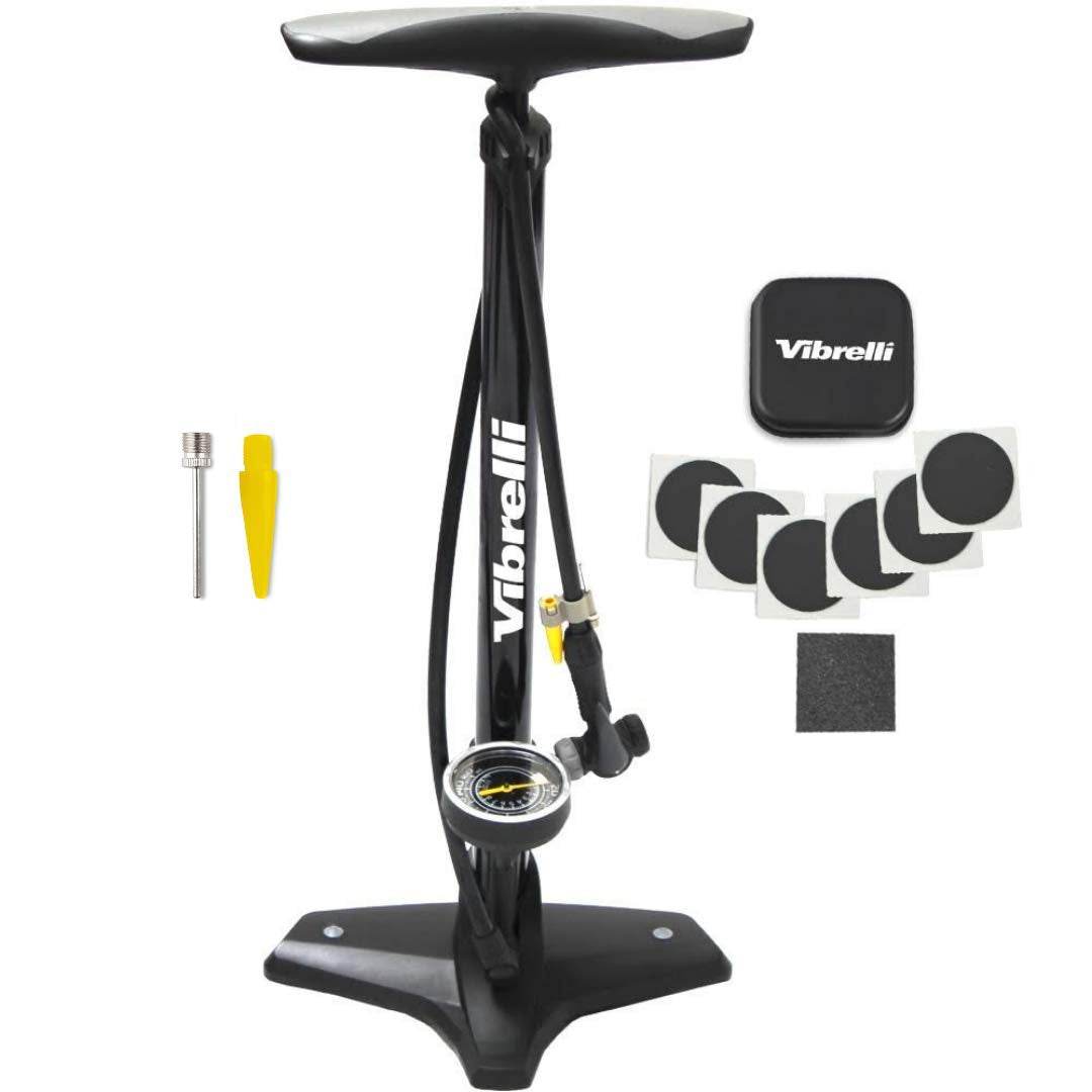 Vibrelli Bike Floor Pump With Gauge & Puncture Kit - 160 Psi - Presta Valve Bike Pump Switches To Schrader - High Pressure Bicyc