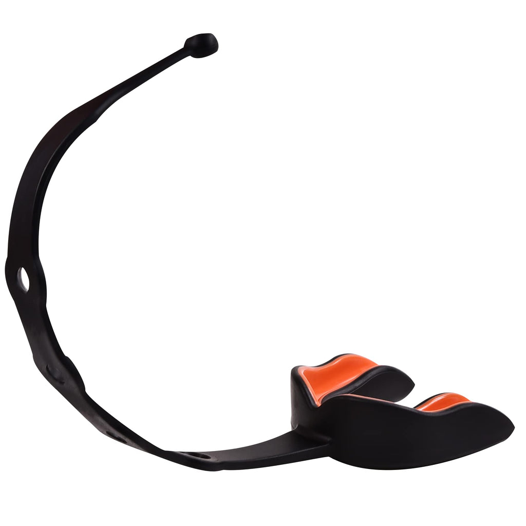 Oral Mart Strapped Youth Mouth Guard For Kids (Black/Orange) - Sports Mouthguard With Connected Strap For Football, Ice Hockey,