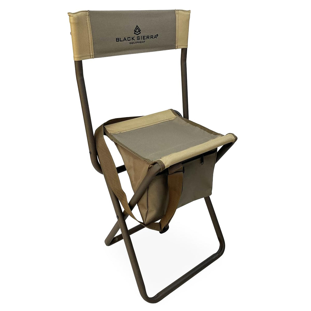 Black Sierra Folding Hunting Stool W/Under Seat Storage Pouch And Carry Strap, Lightweight Portable Hunt Chair W/Backrest, Heavy