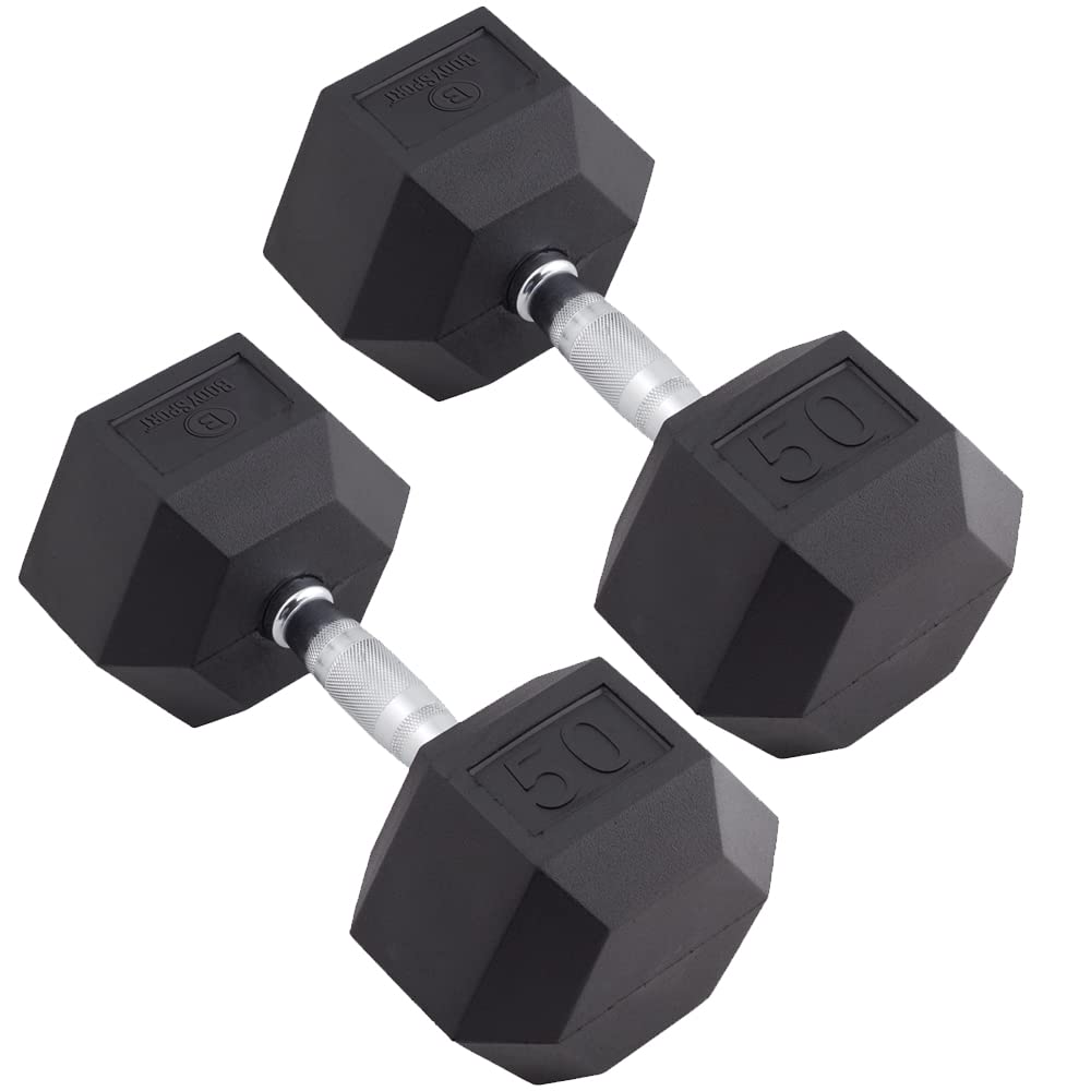 Body Sport Rubber Encased Hex Dumbbell Weight, 50 Lb. (Pair) - Chrome, Anti-Slip Grip For Strength Training - Home Gym & Fitness