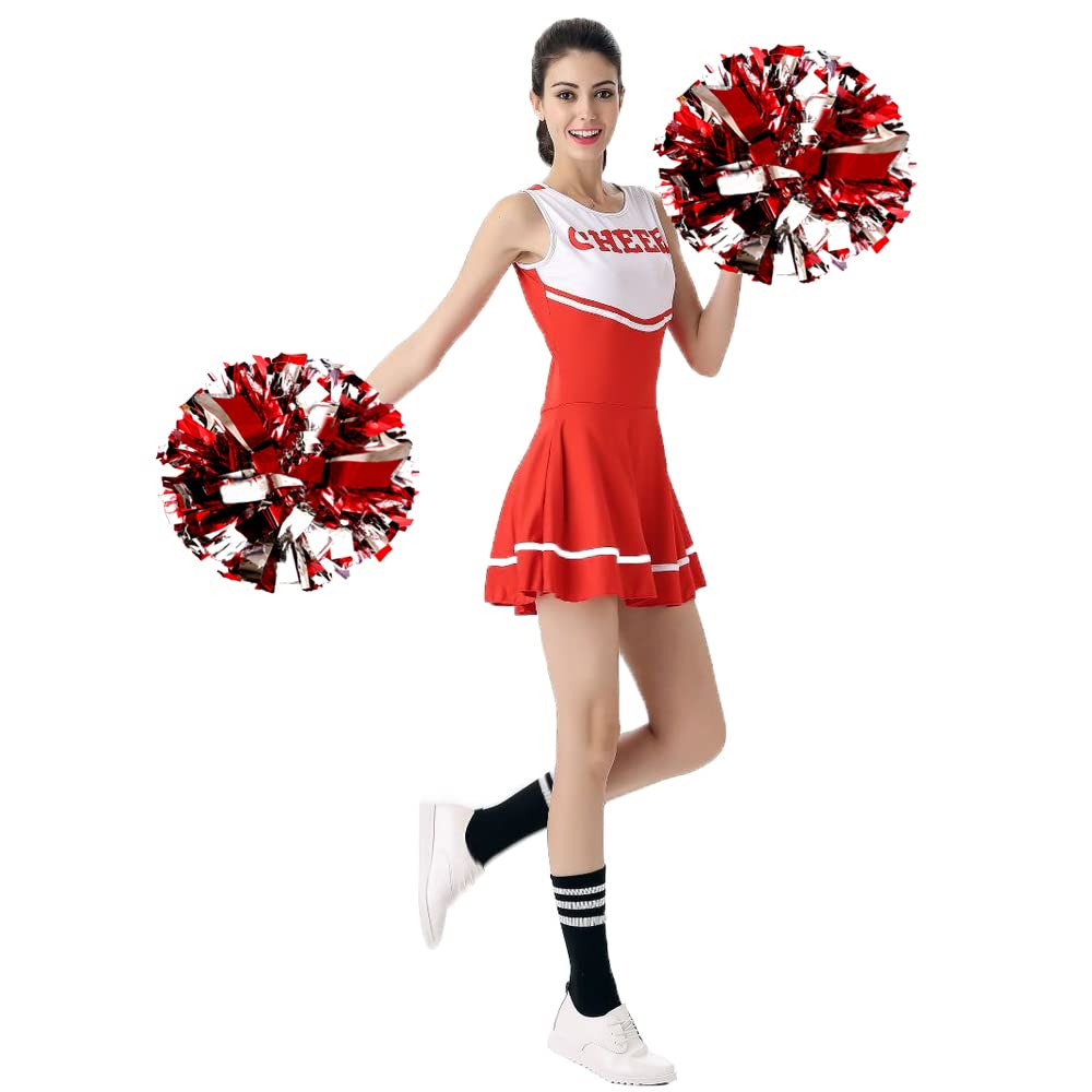 Puzine 4Pack 13'' Cheerleading Pom Poms With New Handle For Team Spirit Sports Dance Cheering Kids Adults 100G (4 Pack Red And S