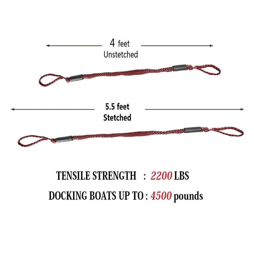 Bungee Dock Lines For Boat Shock Absorb Dock Tie Mooring Rope Boat Accessories 4-5.5 Ft,4Pack (Black&Red)