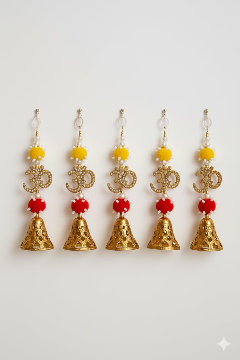 Domus Store Golden OM Hanging Bell for Home Temple & Wall Decoration | Decorative Pooja Bell with Beads & Flowers | Spiritual Do