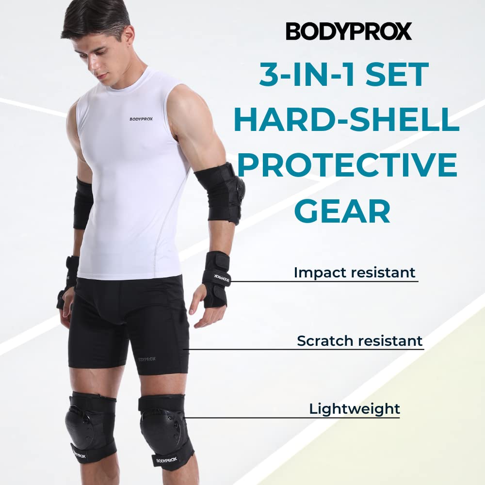 BODYPROX Knee Pads Elbow Pads Wrist Guards Set for Skateboarding, Roller Derby, BMX Ride, and Inline Skating (Medium)