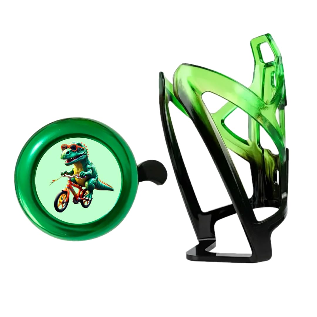 Bike Bell and Water Bottle Holder Set, Green Bicycle Accessories with Cool T-Rex Design, Decorative Handlebar Mount (Green)