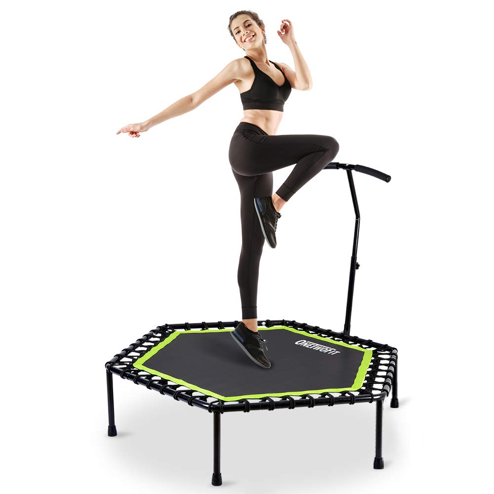 Onetwofit 48'' Silent Mini Trampoline With Adjustable Handle Bar Fitness Trampoline Bungee Rebounder Jumping Cardio Trainer Work