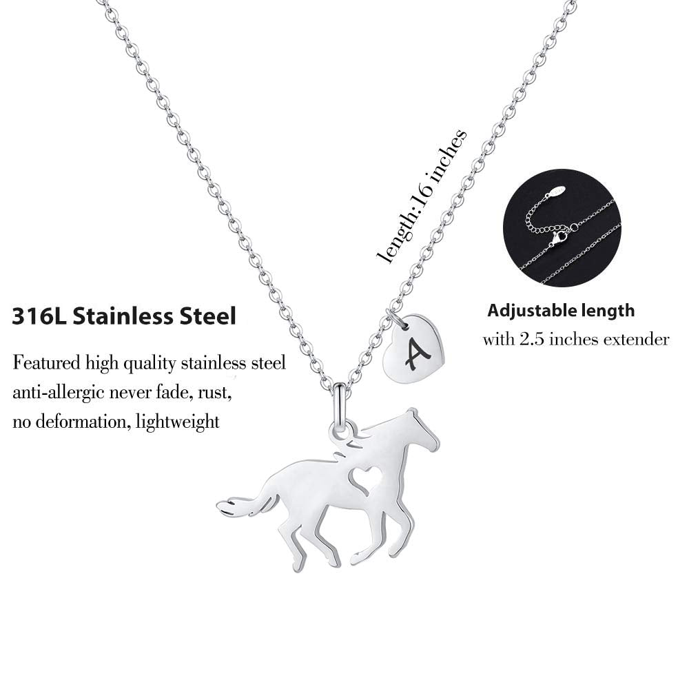 Monooc Horse Jewelry For Women, Girls Horse Necklace Dainty Heart Initial Necklace For Daughter, Stainless Steel Horse Pendant D
