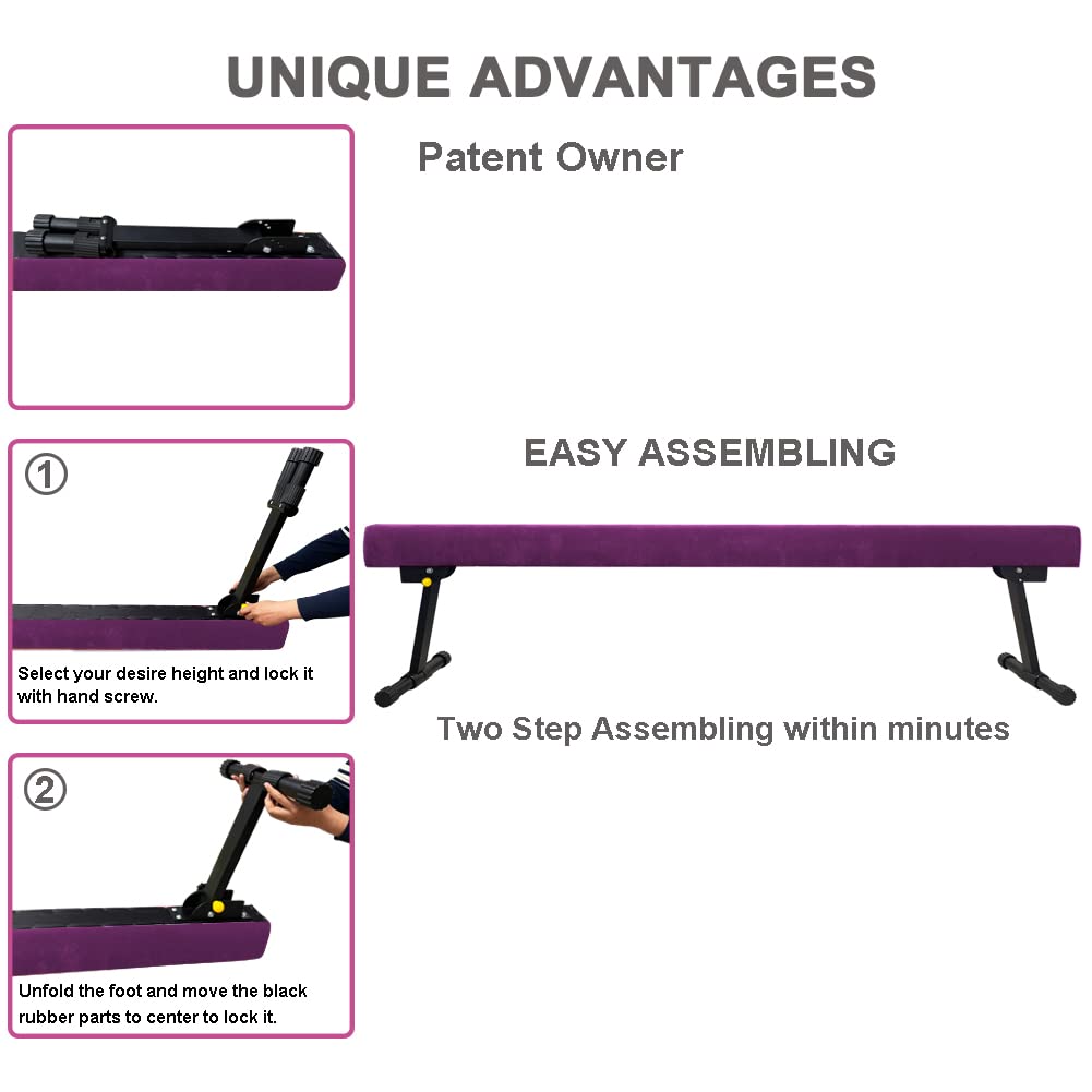 Glant 7.2Ft Ultrasimple Adjustable&Foldable Balance Beam,High-Low Floor Beam Suede Gymnastics Equipment,No Tool Require, Gymnast