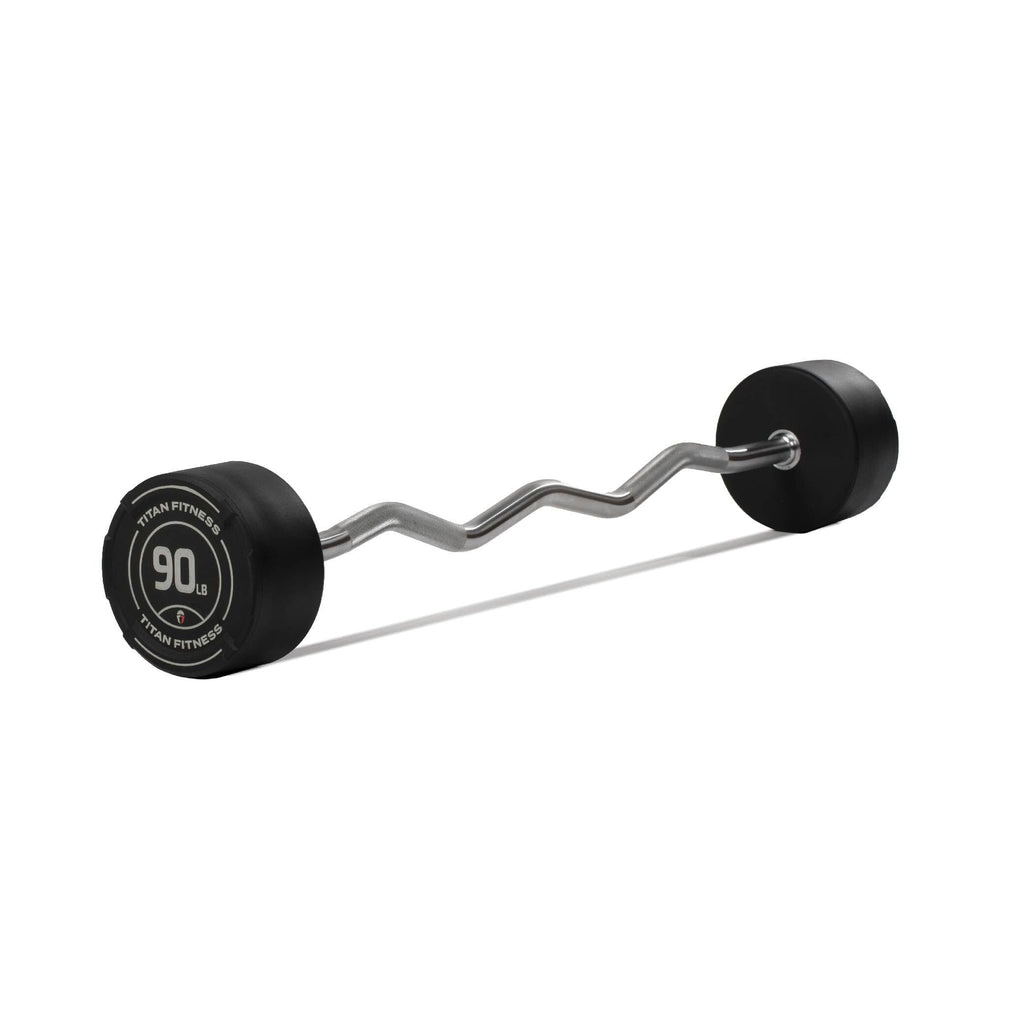 Titan Fitness 90 Lb Rubber Ez Curl Fixed Barbell, Pre-Loaded Weight Bar For Strength Training & Weightlifting