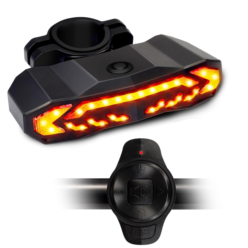 Smart Bike Alarm Taillight with Wireless Remote - 6 Light Modes, Turn Signals, Anti-Theft Alarm, Electric Bell, USB-C Rechargeab