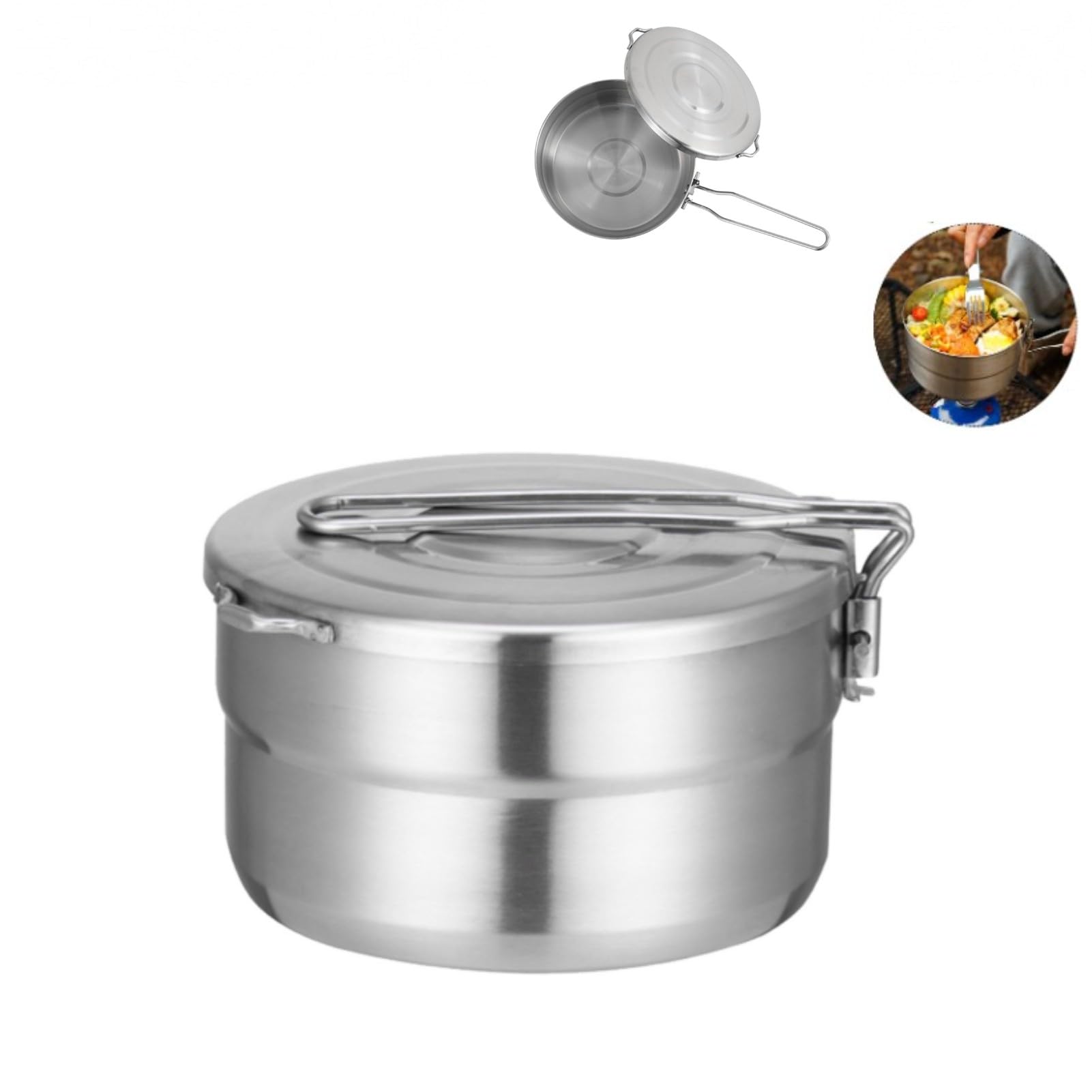 Denpetec Stainless Steel Camping Cook Pot With Lid And Folding Handle Camping Cookware 1.5L Large Capacity Bento Pot For Camping