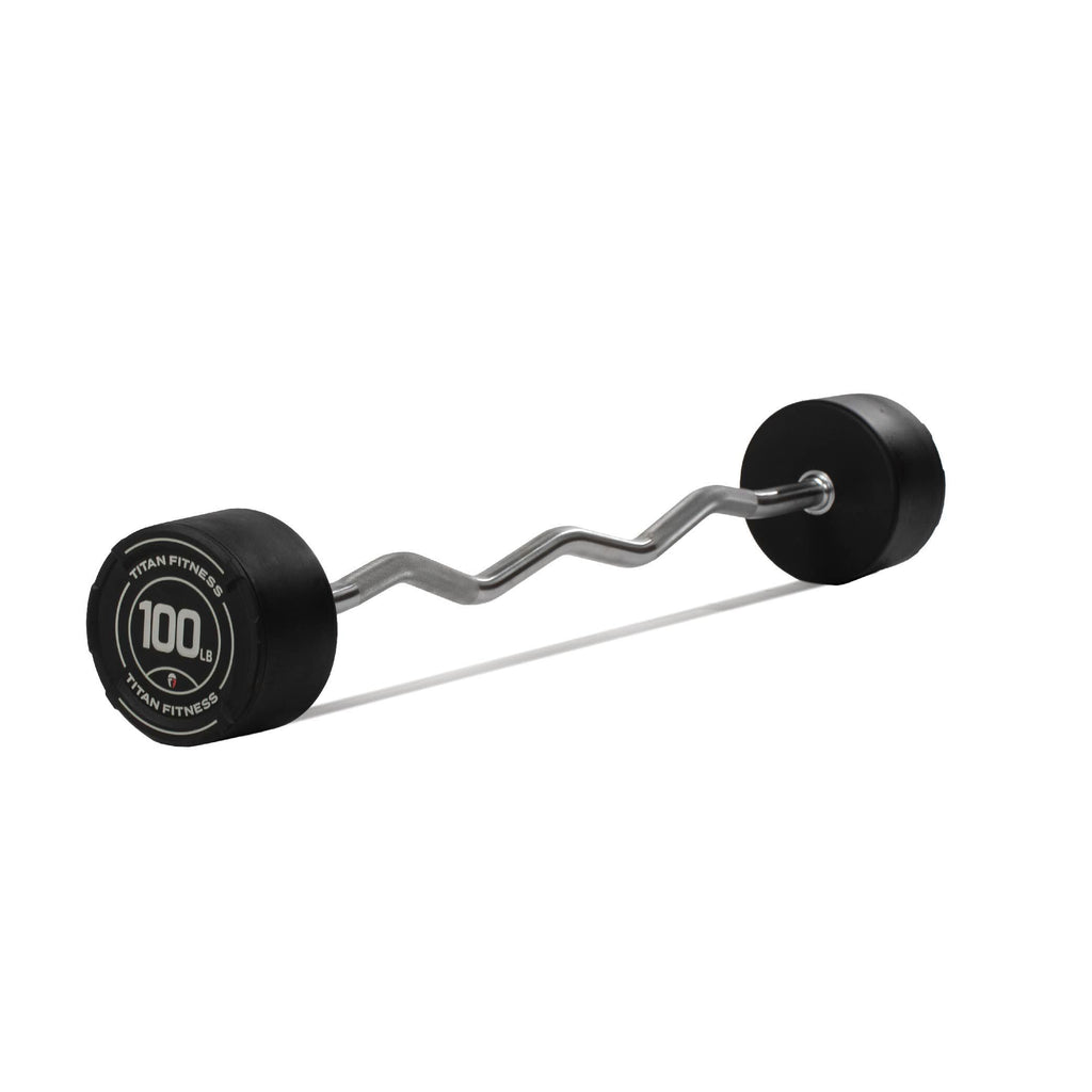 Titan Fitness 100 Lb Rubber Ez Curl Fixed Barbell, Pre-Loaded Weight Bar For Strength Training & Weightlifting