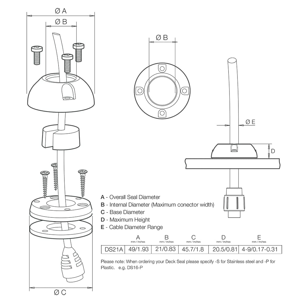 Scanstrut Ds21A-P Small Cable Seal For Connectors To 0.83'' And Cables 0.165''-0.35'' - Plastic