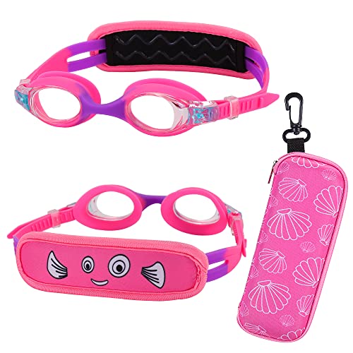 RUIGAO Kids Swim Goggles Age 2-6, Toddler Goggles No Hair Pull,UV Protection/Anti Fog/Padded HeadBand (1PK Kids -Pink Fish)