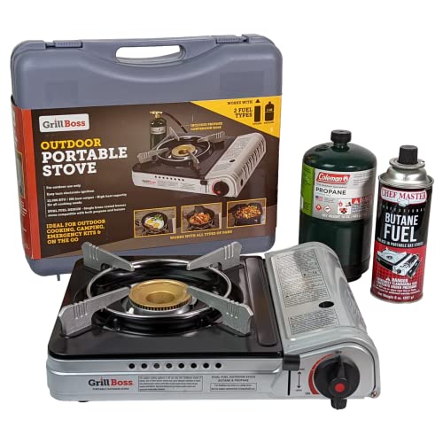 Grill Boss 90057 Dual Fuel Camp Stove  Works With Both Butane And Propane  Perfect For Camping & Hiking  Emergency Cooking Stove