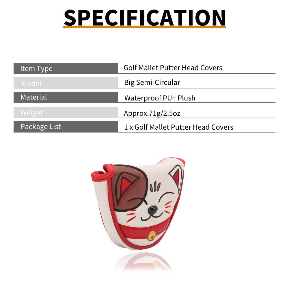 Keenso Golf Center Shaft Putter Cover, Lucky Cat Waterproof Golf Mallet Head Cover Club Center Putter Headcover Guard Protector