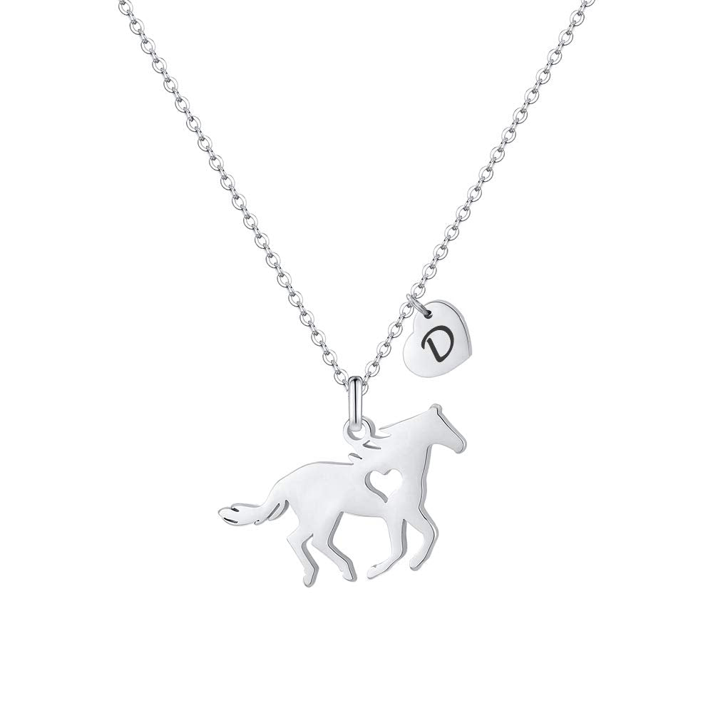 Monooc Horse Jewelry For Women, Girls Horse Necklace Dainty Heart Initial Necklace For Daughter, Stainless Steel Horse Pendant D