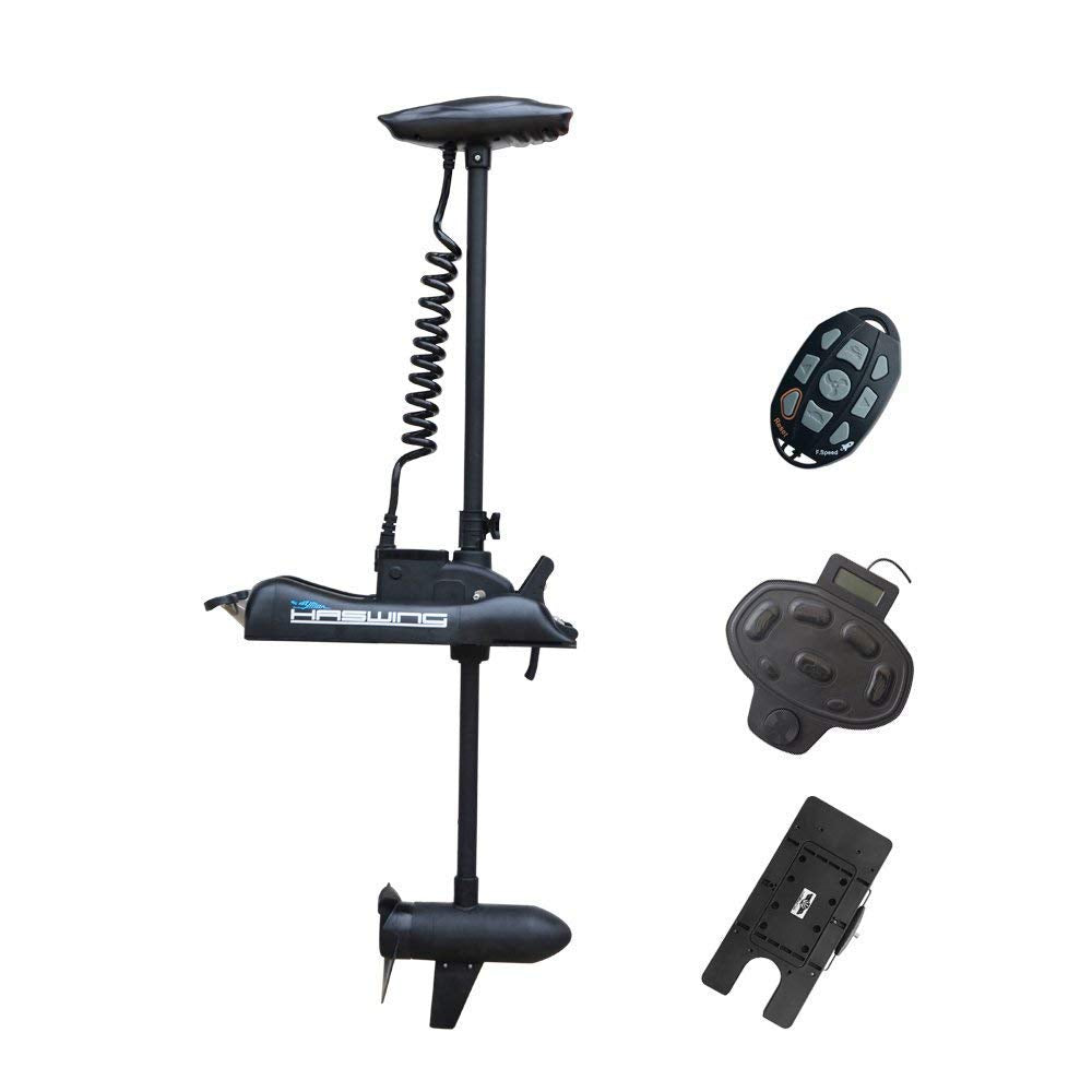 Aquos Haswing Black 12V55Lbs 54Inch Bow Mount Trolling Motor With Remote Control, Wired Foot Control, Quick Release Bracket For 
