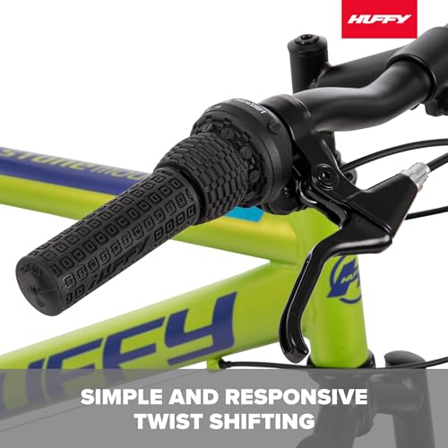 Huffy Stone 20 Inch Mountain Bike, Matte Lime Frame, 6-Speed Shimano Twist Shifting, Front Suspension, Comfort Saddle, 20''/24''