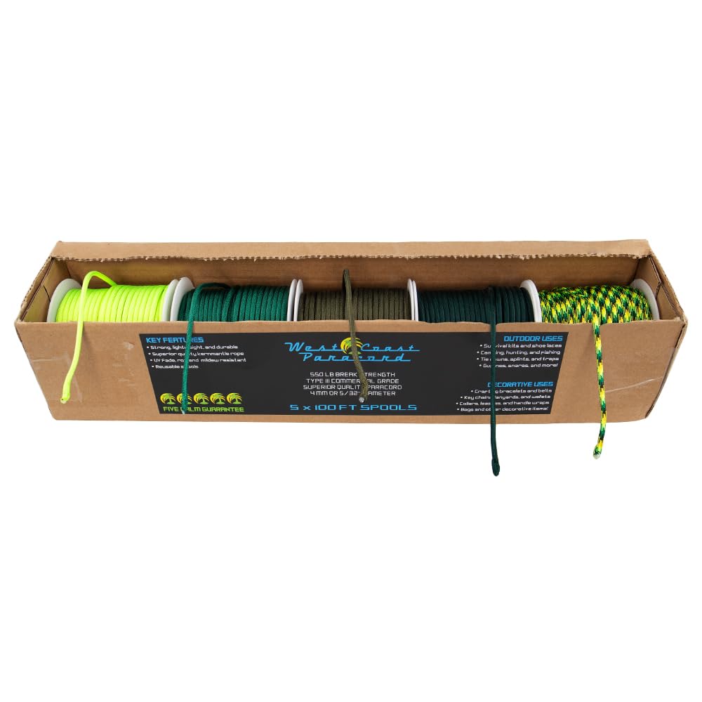 West Coast Paracord 550lb Paracord Variety Supplies - Type III Paracord Box Set - 100 Foot Spools of 5 Colors