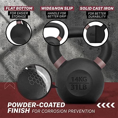 Yes4All Powder Coated Cast Iron Kettlebell Pair Brown - 14 Kg / 31 Lb Strength Training Kettlebells Weight Set For Full Body Wor
