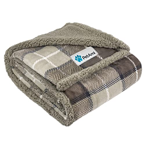 Petami Dog Blanket, Plaid Sherpa Dog Blanket  Plush, Reversible, Warm Pet Blanket For Dog Bed, Couch, Sofa, Car (Taupe, 60X40 In