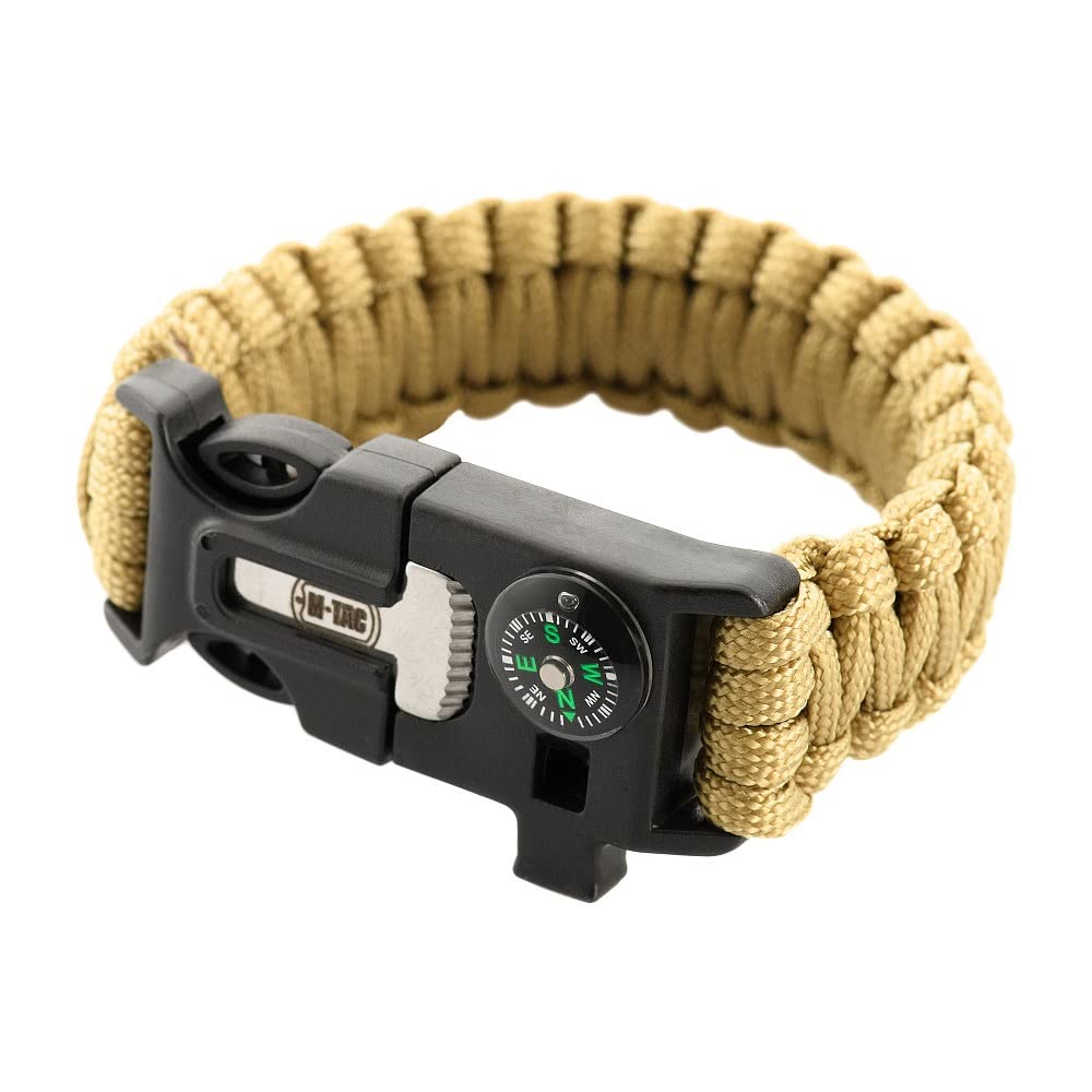 M-Tac Survival Paracord Bracelet - 12  Ft Emergency Rope With Compass & Whistle - Tactical Cord For Camping, Hiking, Edc (Coyote