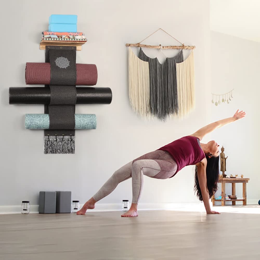 Vinaemo Yoga Mat Holder Wall Mount Yoga Mat Storage Rack With 3 Sizes Pocket Wood Floating Shelves And 4 Hooks For Hanging Foam