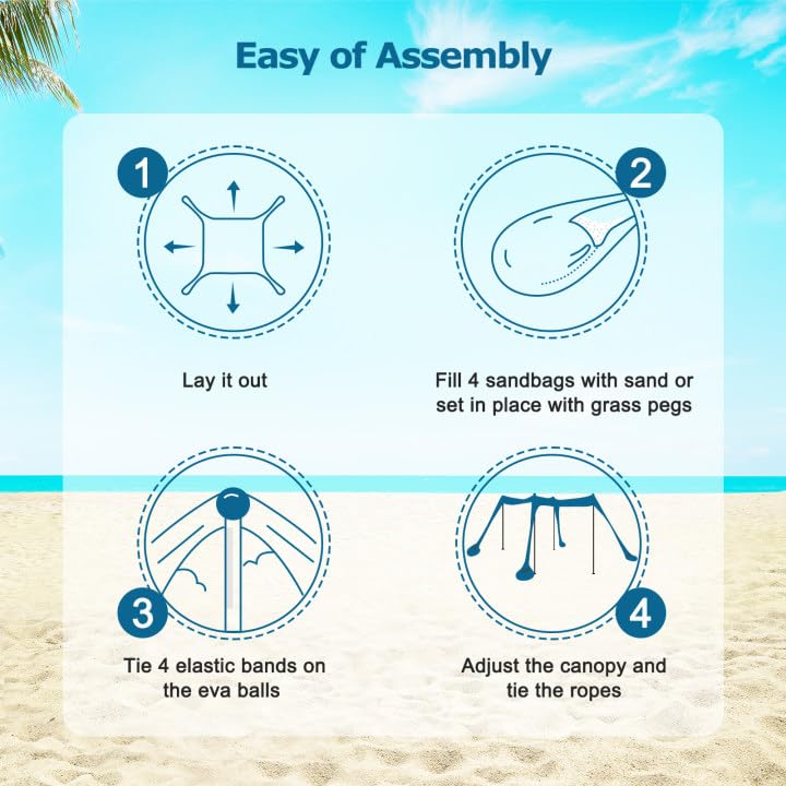 Commouds Beach Tent Canopy With 4 Aluminum Poles, Upf58+ Pop Up Beach Sun Shade, Portable Beach Sun Shelter, Easy Set Up For Bea