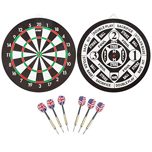 Gse 18'' Dartboard Game Set With Six 17G Steel Tip Darts, 2-In-1 Double Sided Bound Paper Baseball And Dart Board Games Set, Exc