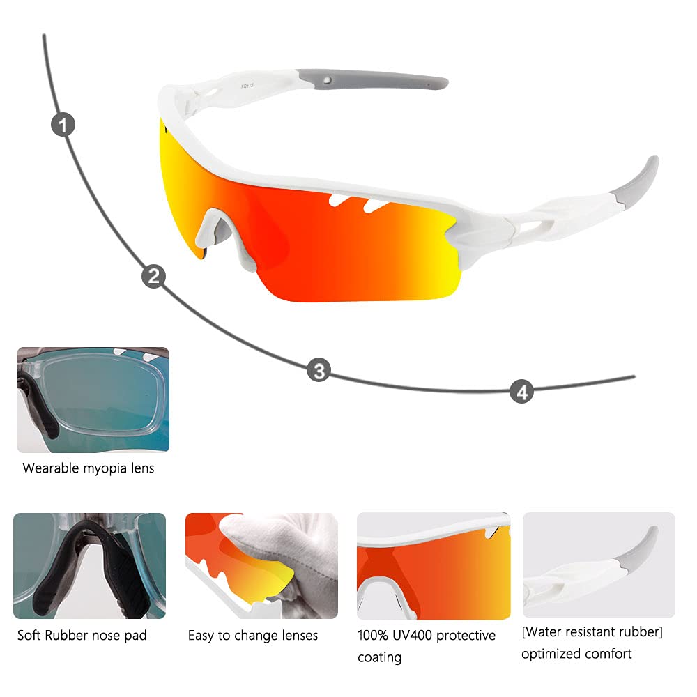 Polarized Sports Sunglasses Cycling Sun Glasses For Men Women With 5 Interchangeable Lenes For Running Baseball Golf Driving (Wh
