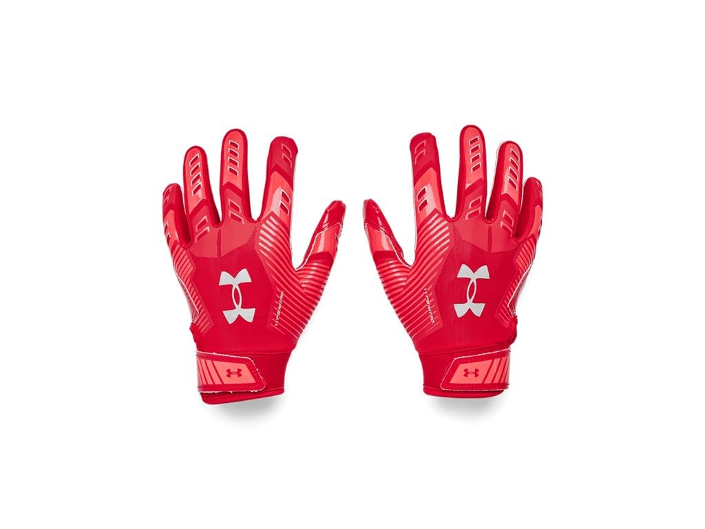 Under Armour Boys' Pee Wee F9 Football Gloves, (600) Red/Beta/Metallic Silver, One Size Fits Most