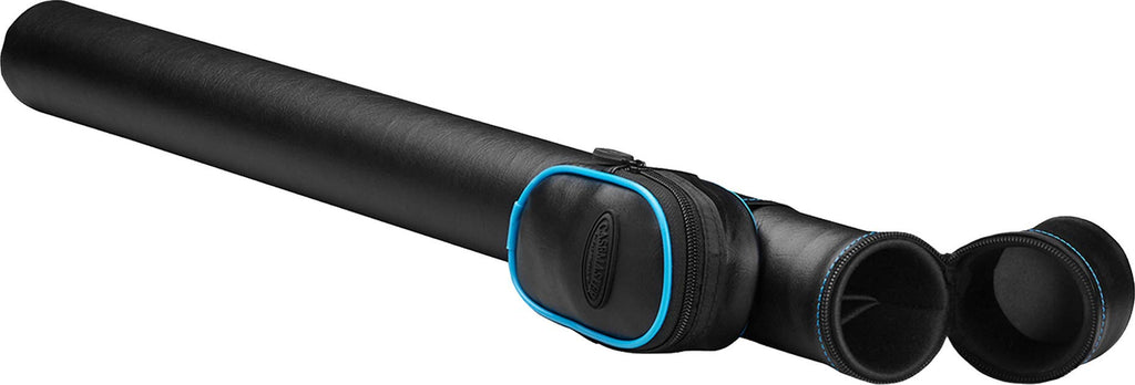 Casemaster Q-Vault Supreme Billiard/Pool Cue Hard Case, Holds 1 Complete 2-Piece Cue (1 Butt/1 Shaft), Black With Blue Trim