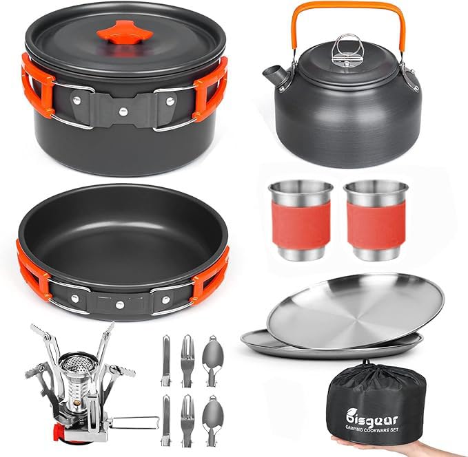 Bisgear Camping Cookware Kettle Backpacking Stove Mess Kit, Camping Pots And Pans Set With Cups Plates Utensils, Camping Kitchen