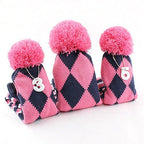 Craftsman Golf Knit Pom Pom 3Pcs Headcover Set Vintange Sock Covers For Driver And Woods (Navy Argyle Pink White)