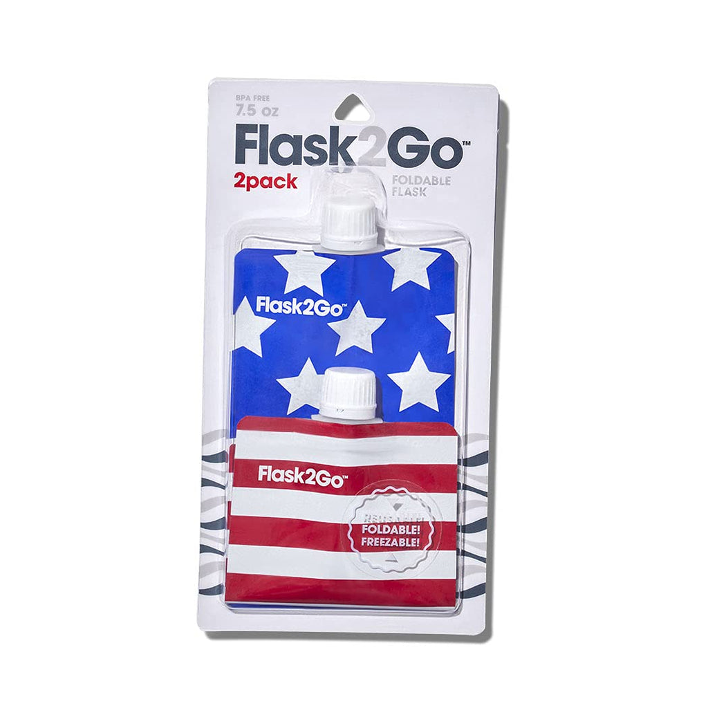 Flask2Go - The Foldable Flexible Flask For Tailgating, Camping, And Concerts, 2-Pack, Stars  Stripes