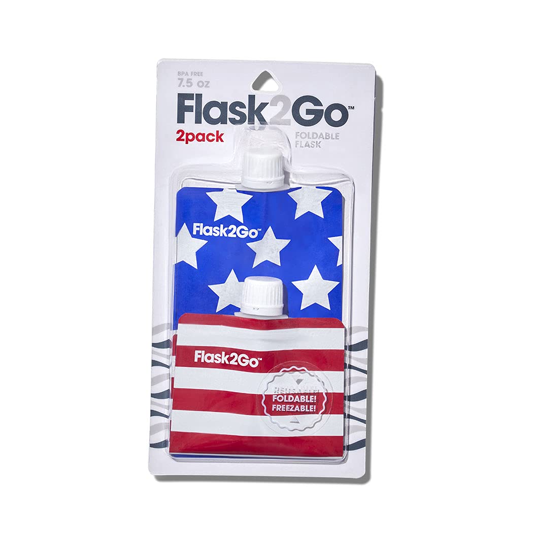 Flask2Go - The Foldable Flexible Flask For Tailgating, Camping, And Concerts, 2-Pack, Stars  Stripes