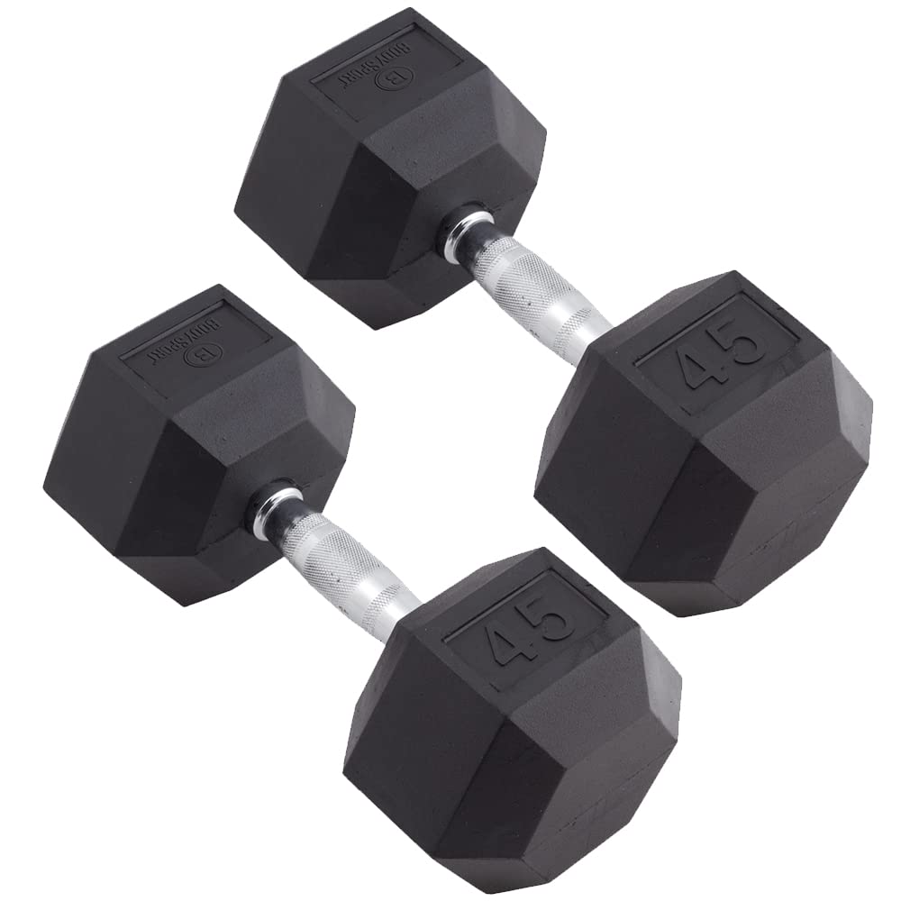 Body Sport Rubber Encased Hex Dumbbell Weight, 45 Lb. (Pair) - Chrome, Anti-Slip Grip For Strength Training - Home Gym & Fitness