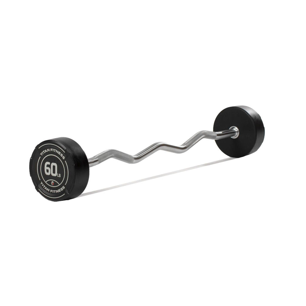Titan Fitness 60 Lb Rubber Ez Curl Fixed Barbell, Pre-Loaded Weight Bar For Strength Training & Weightlifting