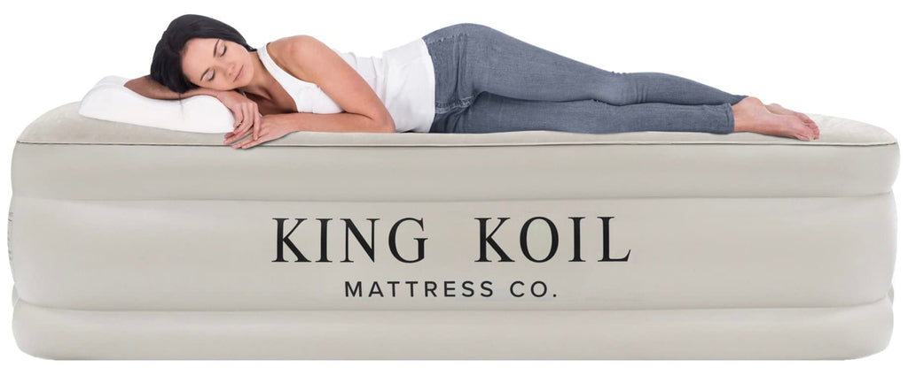 King Koil Luxury Queen Size Air Mattress With Built-In Pump, Plush Top, Home Camping Guests Inflatable Airbed, Double High Blow