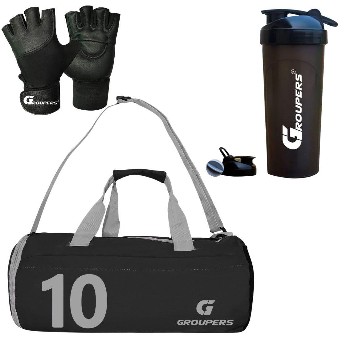 Groupers Foldable Black Duffle Bag 2025L With Shoe Compartment + 700Ml Shaker Bottle & Ventilated Workout Gloves, Waterproof Gy